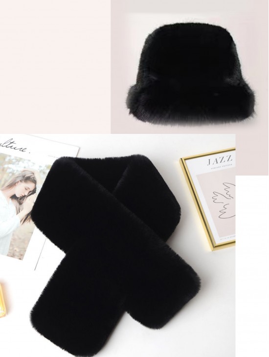 Solid Colour Fuzzy Hat with Brim and Scarf Set (HAT1338BK + SF1523-01BK)